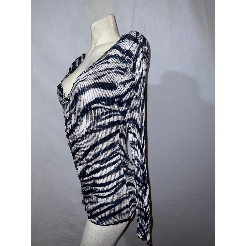 Alberto Makali Zebra Print Studded Rhinestone Zip Front Ribbed Knit Top XL Navy - Picture 5 of 8